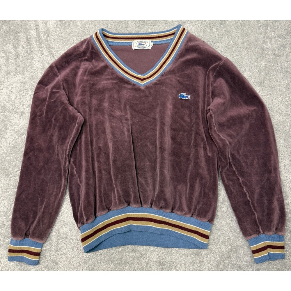 Vintage Izod Lacoste Sweatshirt Mens S Purple Velour V Neck Striped Trim Top